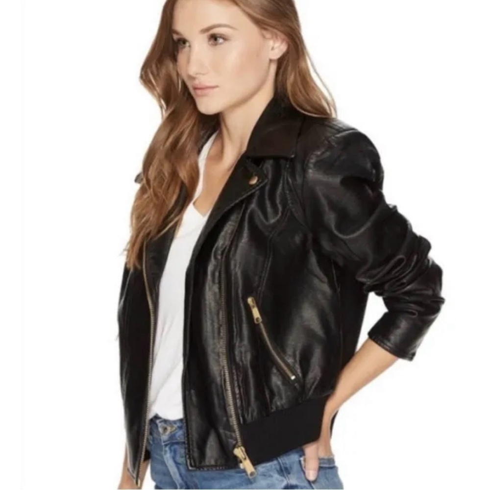 Free People Black Leather Bomber Moto Jacket